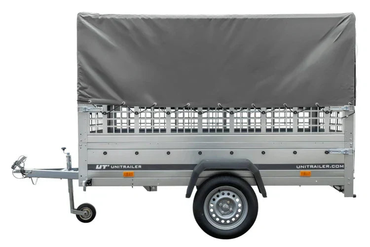Großer Anhänger 230x125 mit grauer Hochplane, Gitteraufsatzwänden und Stützrad – Garden Trailer 230 KIPP