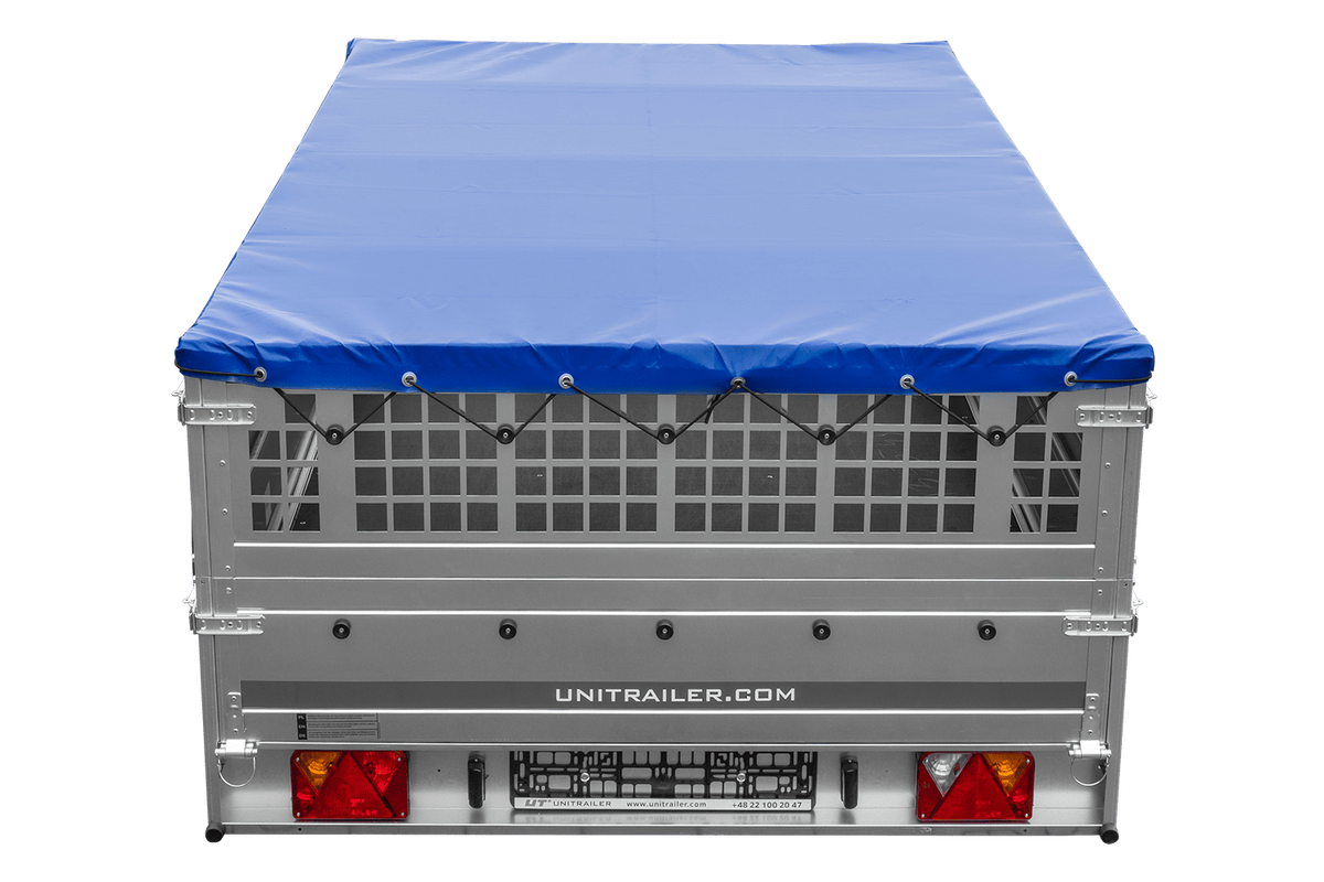 UNITRAILER GARDEN 265 KIPP leichter Anhänger 264x150 mit Gitteraufsatz, H-0 Fahrgestell und blauer Plane