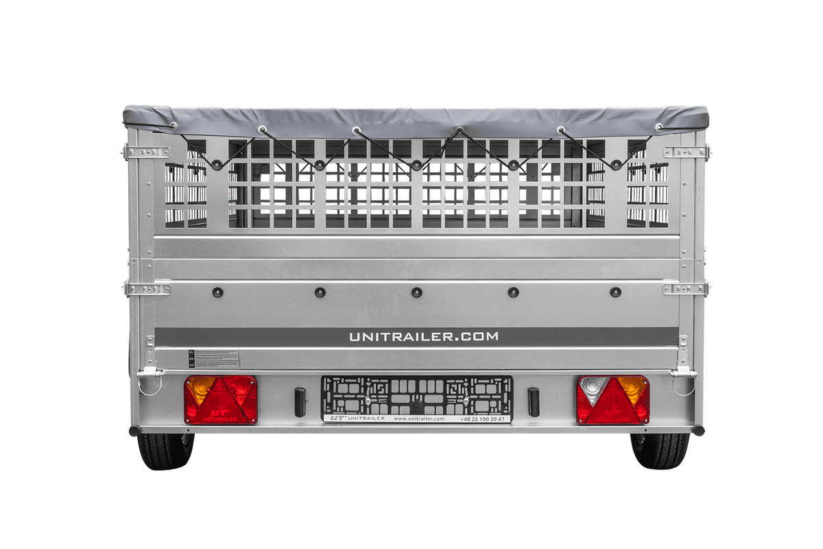 Leichter Anhänger 264x150 UNITRAILER GARDEN 265 KIPP mit Gitteraufsatzwänden, H-0 Fahrgestell und grauer Plane
