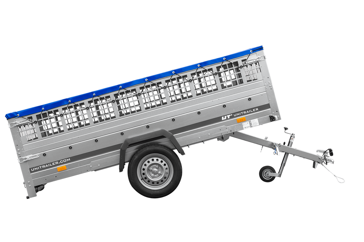 UNITRAILER GARDEN 265 KIPP leichter Anhänger 264x150 mit Gitteraufsatz, H-0 Fahrgestell und blauer Plane