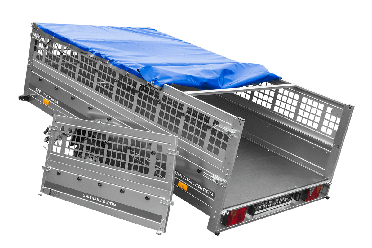UNITRAILER GARDEN 265 KIPP leichter Anhänger 264x150 mit Gitteraufsatz, H-0 Fahrgestell und blauer Plane