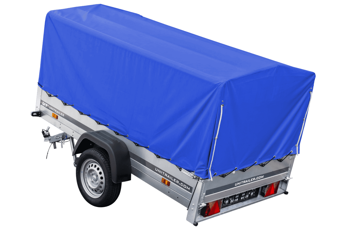 Straßenanhänger mit blauer Hochplane, H-800 Spriegel und Stützrad 230x125 Garden Trailer 230 KIPP