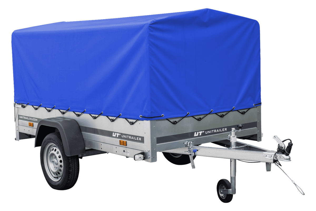 Straßenanhänger mit blauer Hochplane, H-800 Spriegel und Stützrad 230x125 Garden Trailer 230 KIPP