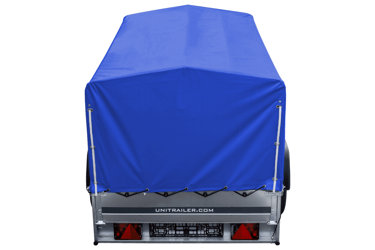 Straßenanhänger mit blauer Hochplane, H-800 Spriegel und Stützrad 230x125 Garden Trailer 230 KIPP