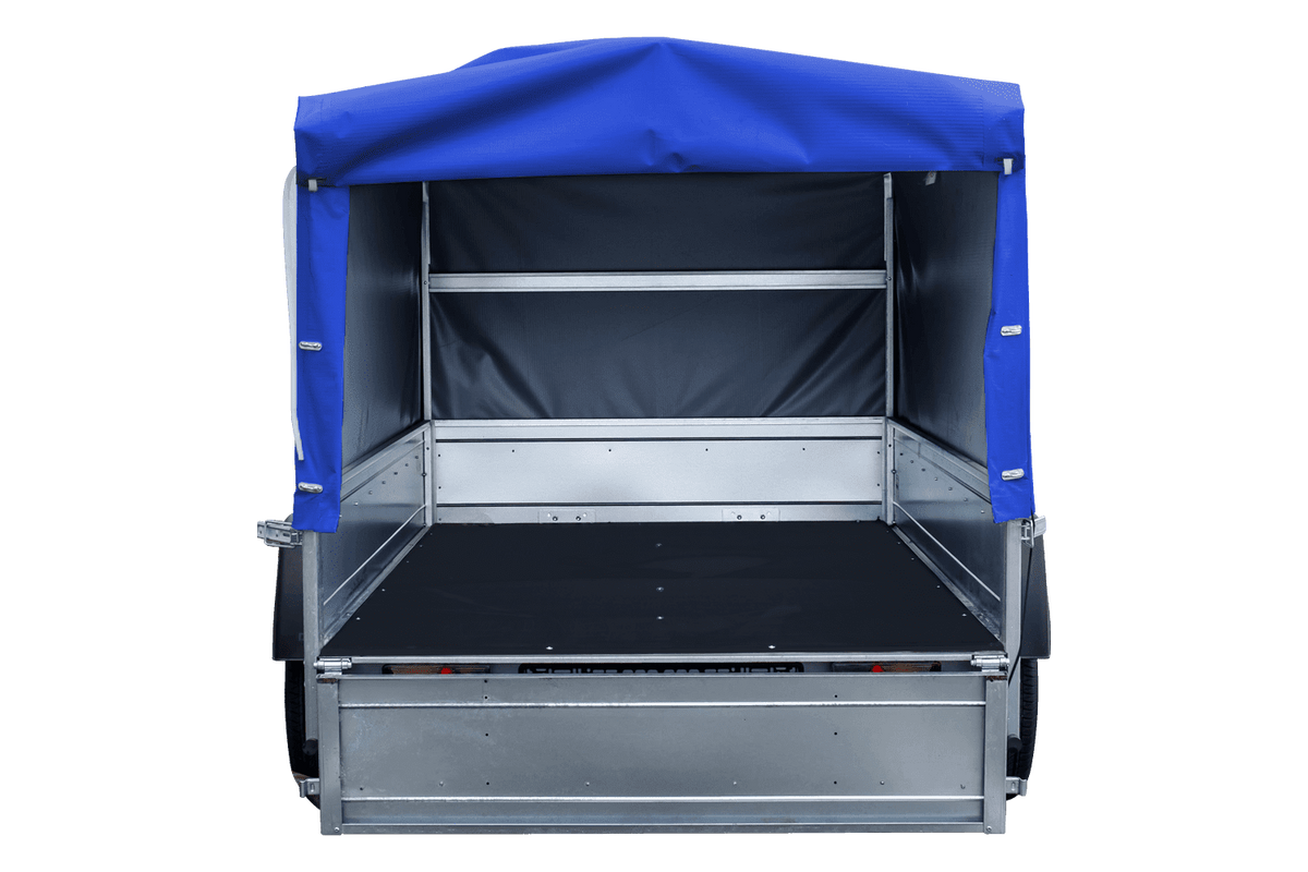 Straßenanhänger mit blauer Hochplane, H-800 Spriegel und Stützrad 230x125 Garden Trailer 230 KIPP