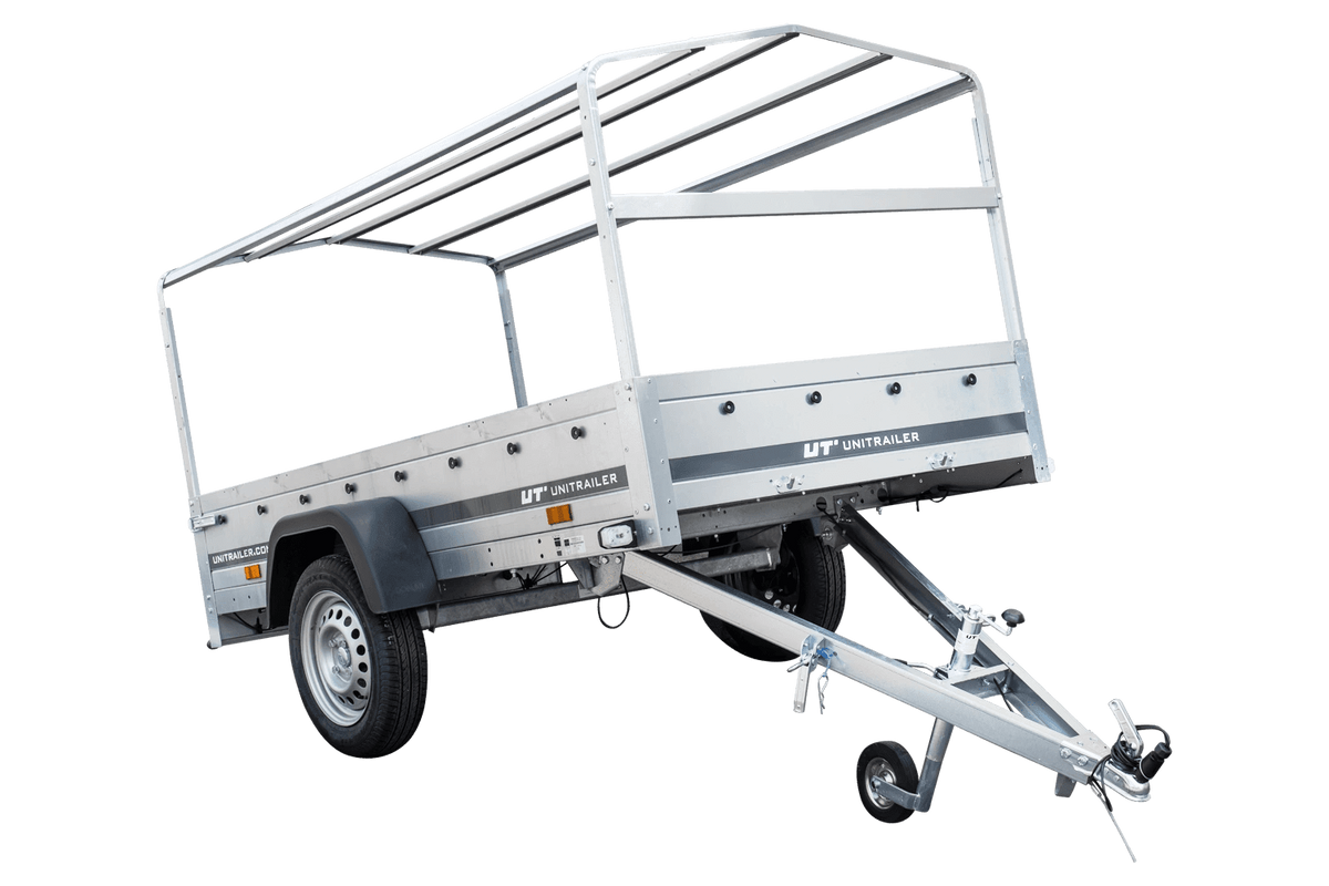 Straßenanhänger mit blauer Hochplane, H-800 Spriegel und Stützrad 230x125 Garden Trailer 230 KIPP