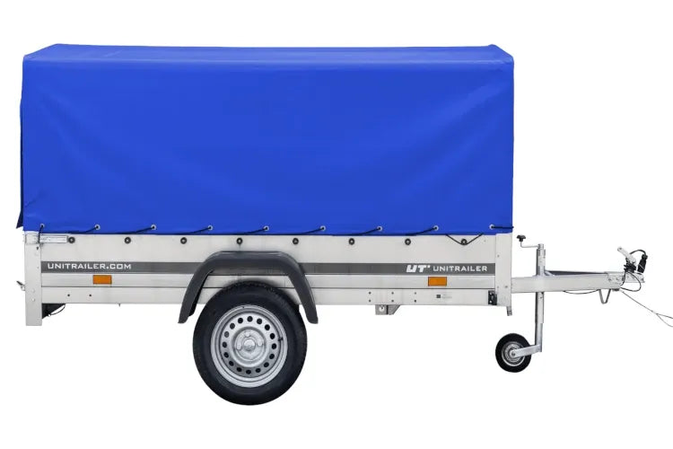 Straßenanhänger mit blauer Hochplane, H-800 Spriegel und Stützrad 230x125 Garden Trailer 230 KIPP