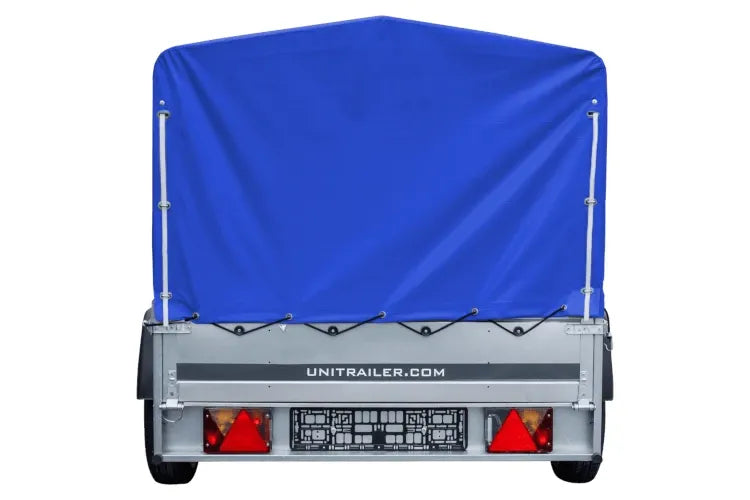 Straßenanhänger mit blauer Hochplane, H-800 Spriegel und Stützrad 230x125 Garden Trailer 230 KIPP