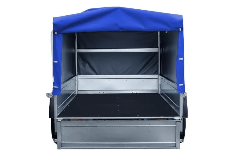 Straßenanhänger mit blauer Hochplane, H-800 Spriegel und Stützrad 230x125 Garden Trailer 230 KIPP