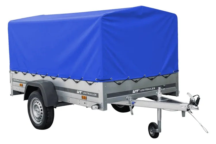 Straßenanhänger mit blauer Hochplane, H-800 Spriegel und Stützrad 230x125 Garden Trailer 230 KIPP