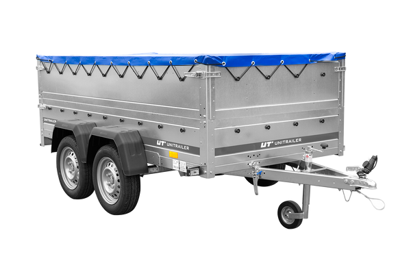 GARDEN TRAILER 264/2 KIPP remorque à deux essieux avec roue jockey, tiges de support, ridelles supplémentaires et bâche plate bleue