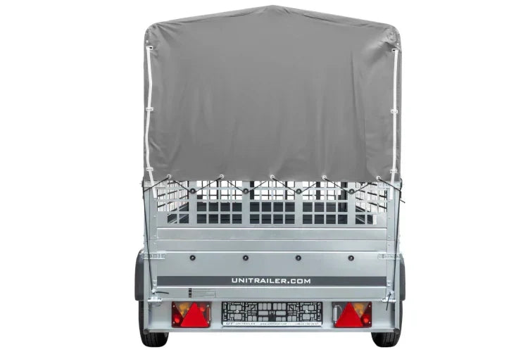 Großer Anhänger 230x125 mit grauer Hochplane, Gitteraufsatzwänden und Stützrad – Garden Trailer 230 KIPP