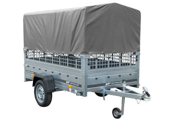 Grande remorque 230×125 avec bâche haute grise, ridelles grillagées et roue jockey – Garden Trailer 230 KIPP