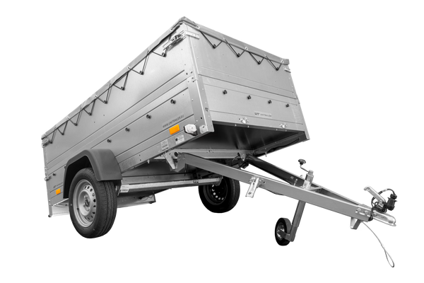 Grande remorque 230×125 avec bâche plate grise, tiges de support bâche, rehausses de ridelles et roue jockey – Garden Trailer 230 KIPP