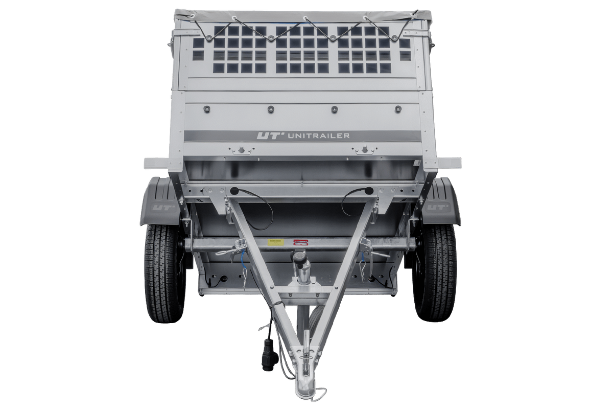 Kleiner Anhänger zu verkaufen - Garden Trailer 150 KIPP [mit grauer Flachplane, Stützrad]