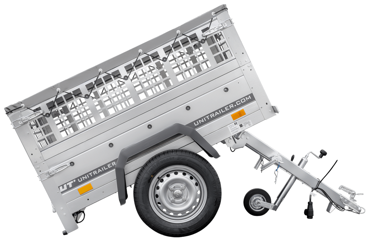 Kleiner Anhänger zu verkaufen - Garden Trailer 150 KIPP [mit grauer Flachplane, Stützrad]