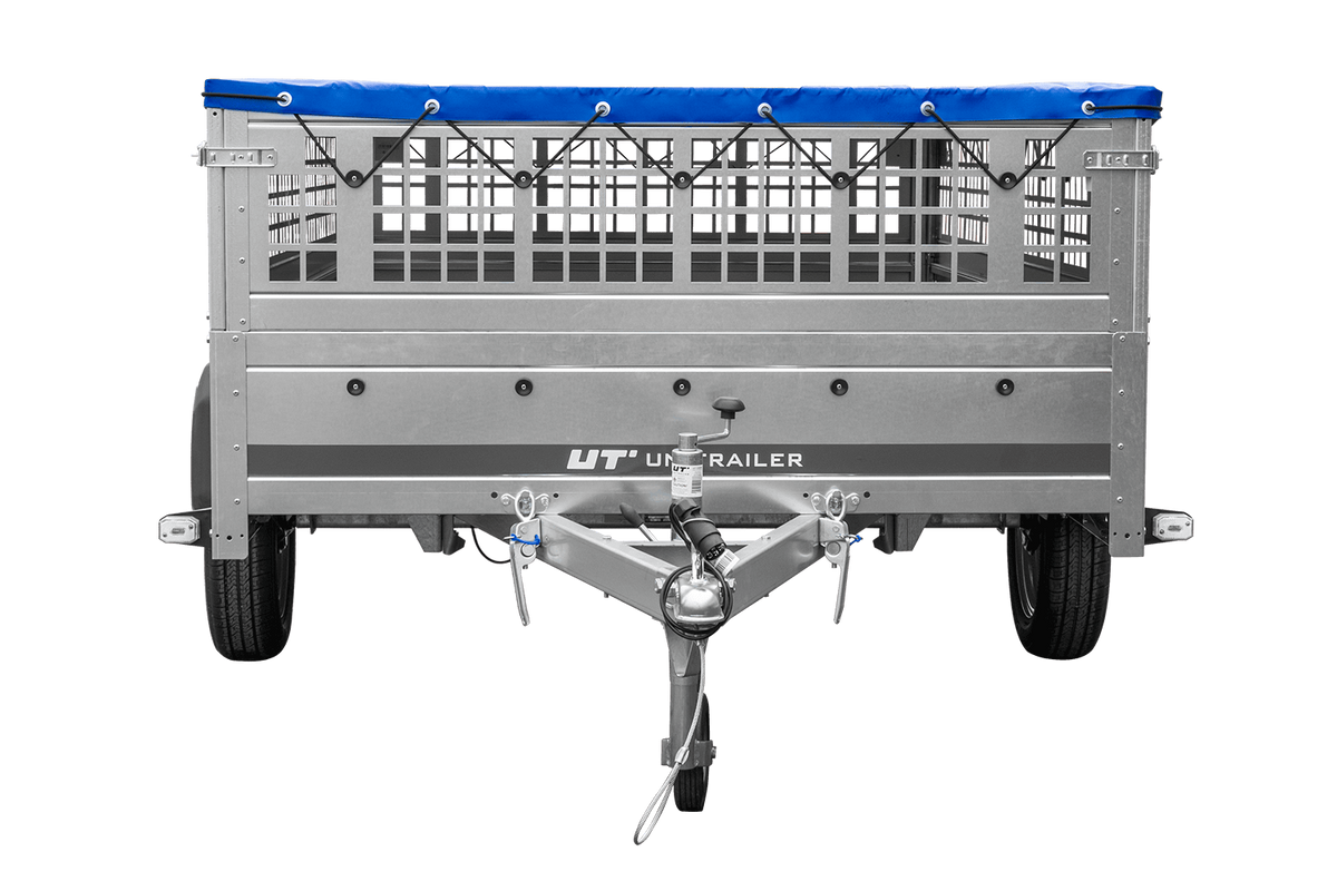 UNITRAILER GARDEN 265 KIPP leichter Anhänger 264x150 mit Gitteraufsatz, H-0 Fahrgestell und blauer Plane