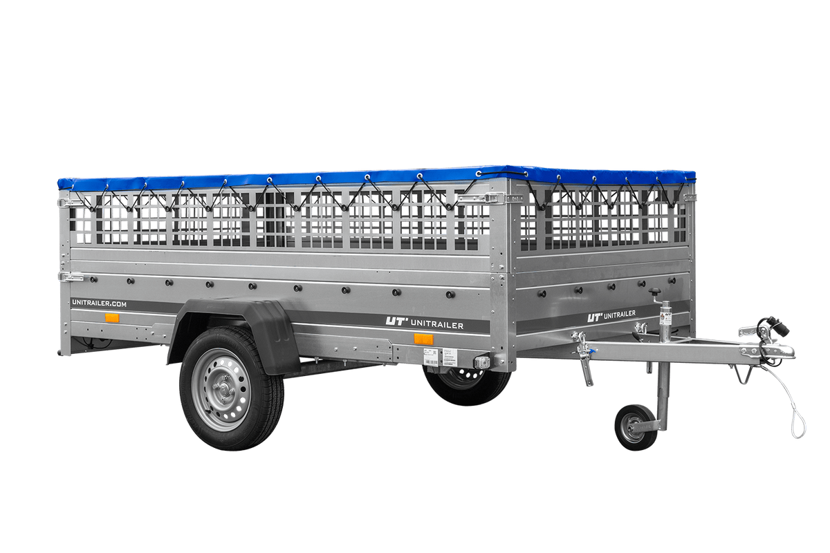 UNITRAILER GARDEN 265 KIPP leichter Anhänger 264x150 mit Gitteraufsatz, H-0 Fahrgestell und blauer Plane