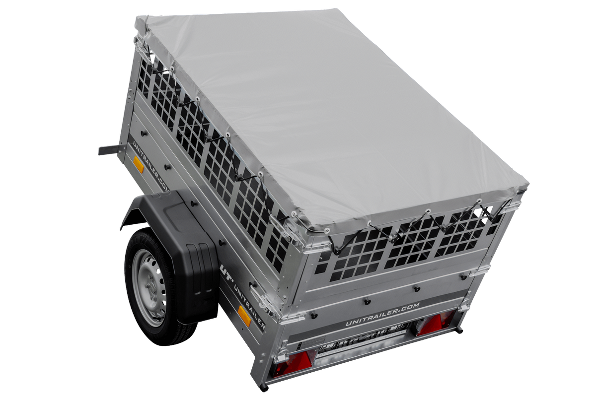 Kleiner Anhänger zu verkaufen - Garden Trailer 150 KIPP [mit grauer Flachplane, Stützrad]
