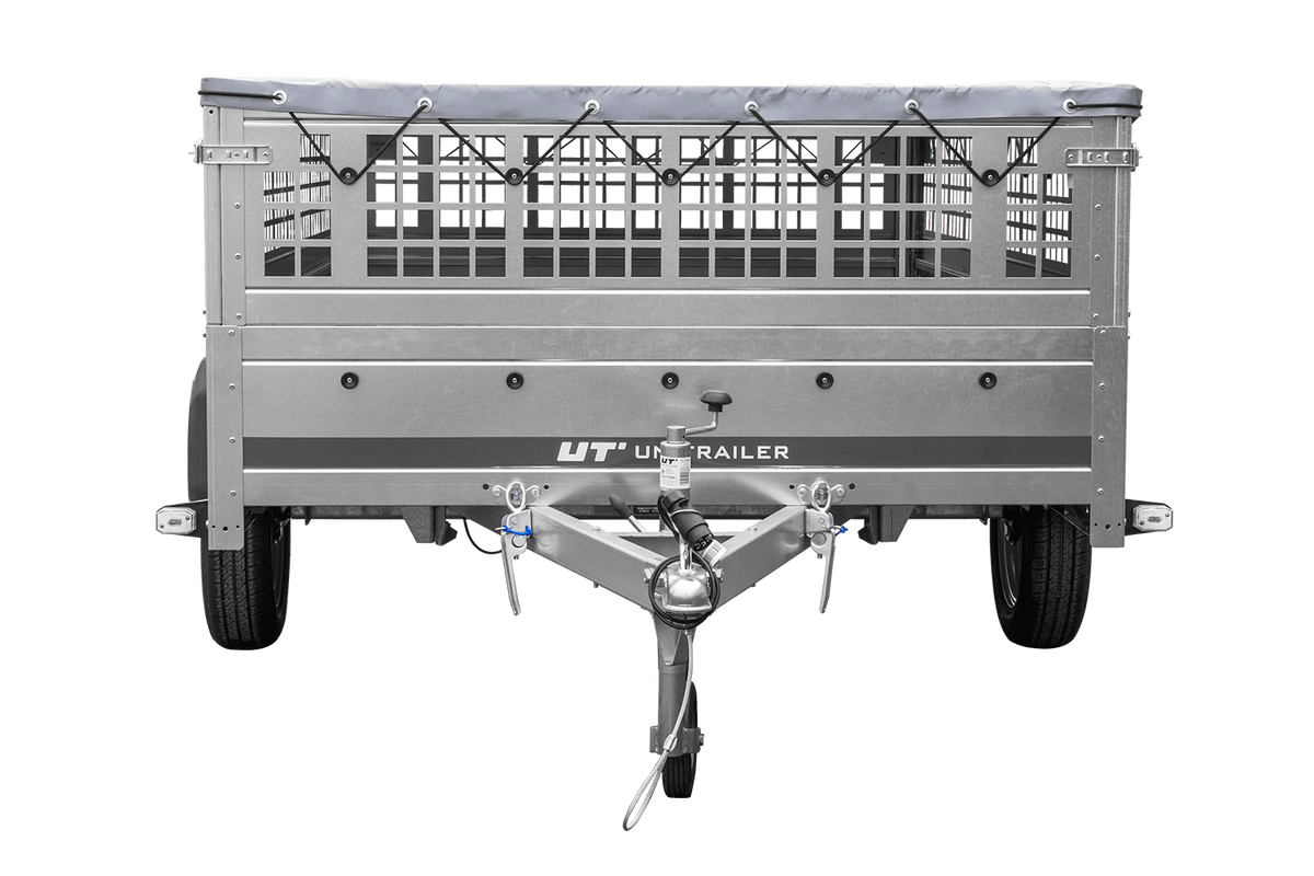 Leichter Anhänger 264x150 UNITRAILER GARDEN 265 KIPP mit Gitteraufsatzwänden, H-0 Fahrgestell und grauer Plane
