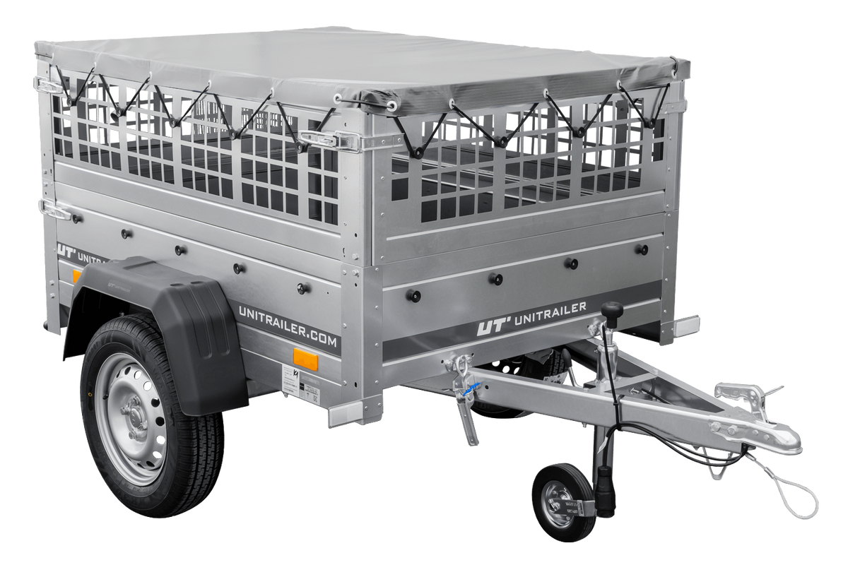 Kleiner Anhänger zu verkaufen - Garden Trailer 150 KIPP [mit grauer Flachplane, Stützrad]