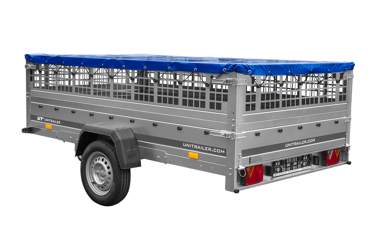 UNITRAILER GARDEN 265 KIPP leichter Anhänger 264x150 mit Gitteraufsatz, H-0 Fahrgestell und blauer Plane