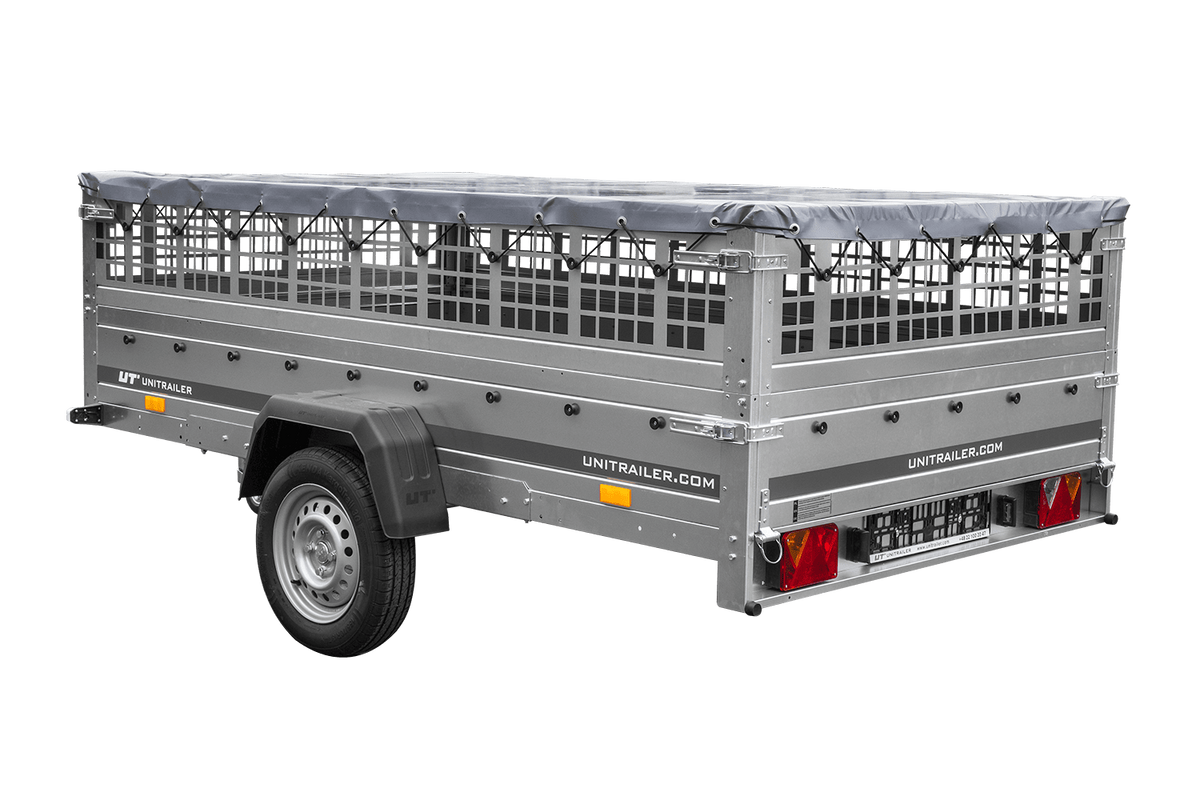 Leichter Anhänger 264x150 UNITRAILER GARDEN 265 KIPP mit Gitteraufsatzwänden, H-0 Fahrgestell und grauer Plane