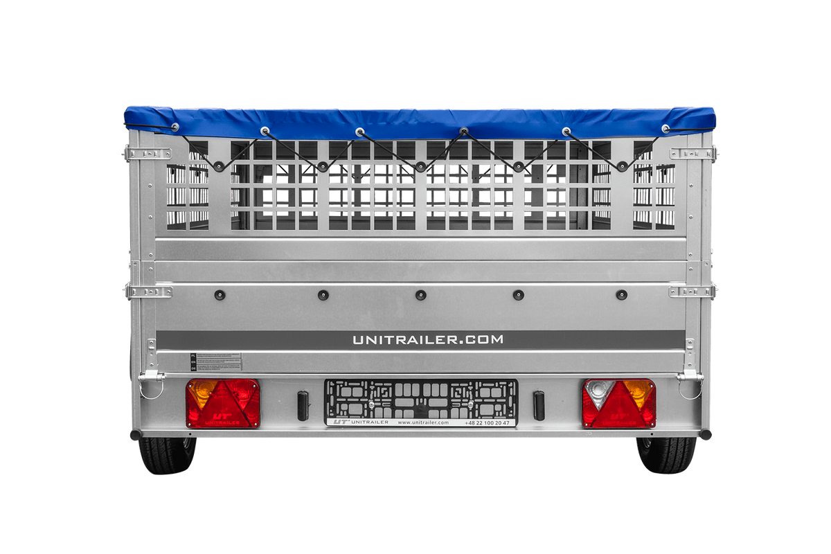 UNITRAILER GARDEN 265 KIPP leichter Anhänger 264x150 mit Gitteraufsatz, H-0 Fahrgestell und blauer Plane