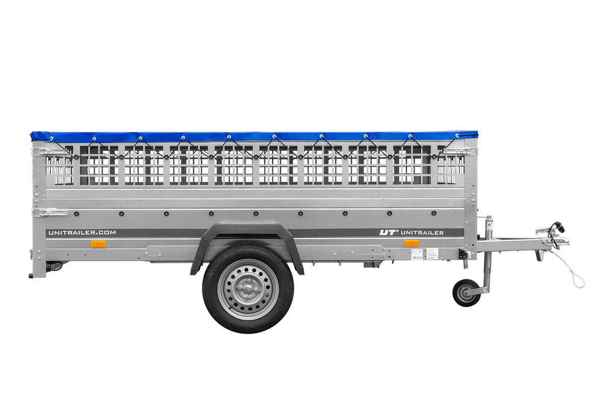 UNITRAILER GARDEN 265 KIPP leichter Anhänger 264x150 mit Gitteraufsatz, H-0 Fahrgestell und blauer Plane