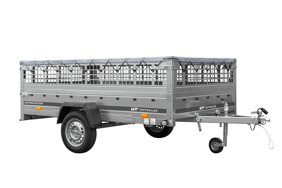 Leichter Anhänger 264x150 UNITRAILER GARDEN 265 KIPP mit Gitteraufsatzwänden, H-0 Fahrgestell und grauer Plane