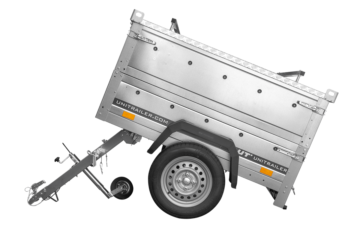 Einachsanhänger 150x106 UNITRAILER GARDEN 150 KIPP mit Seitenwänden, Aufsatzbordwänden und Aluminiumhaube