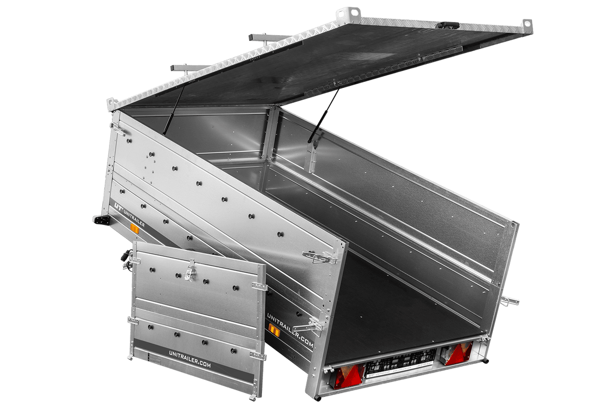 Single-axle trailer 230x125 UNITRAILER GARDEN 230 KIPP with BIS side walls and aluminum cover