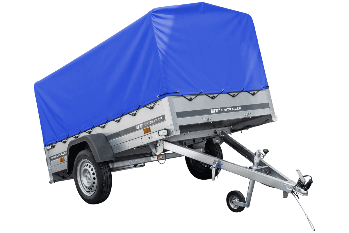 Straßenanhänger mit blauer Hochplane, H-800 Spriegel und Stützrad 230x125 Garden Trailer 230 KIPP