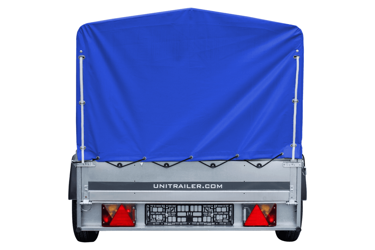Straßenanhänger mit blauer Hochplane, H-800 Spriegel und Stützrad 230x125 Garden Trailer 230 KIPP