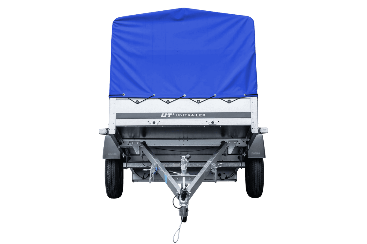 Straßenanhänger mit blauer Hochplane, H-800 Spriegel und Stützrad 230x125 Garden Trailer 230 KIPP