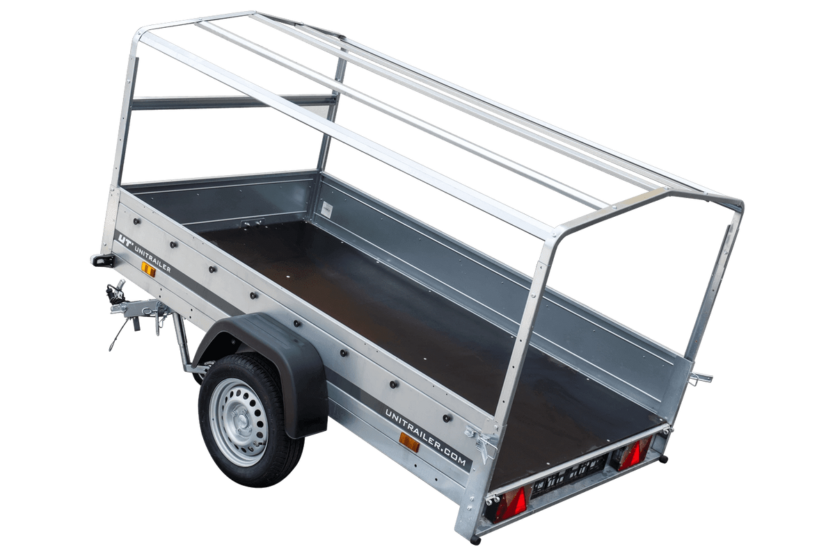 Straßenanhänger mit blauer Hochplane, H-800 Spriegel und Stützrad 230x125 Garden Trailer 230 KIPP