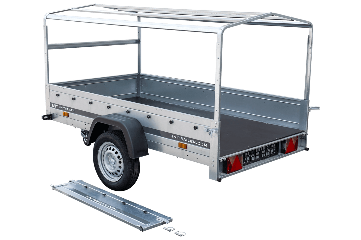 Straßenanhänger mit blauer Hochplane, H-800 Spriegel und Stützrad 230x125 Garden Trailer 230 KIPP