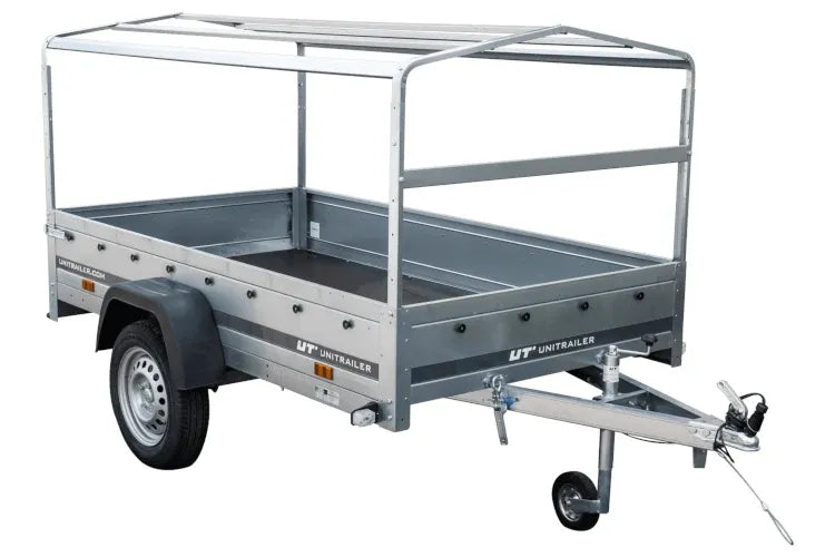 Straßenanhänger mit blauer Hochplane, H-800 Spriegel und Stützrad 230x125 Garden Trailer 230 KIPP