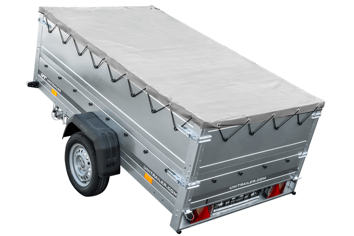 Großer Anhänger 230×125 mit grauer Flachplane, Bordwandaufsätzen und Stützrad – Garden Trailer 230 KIPP