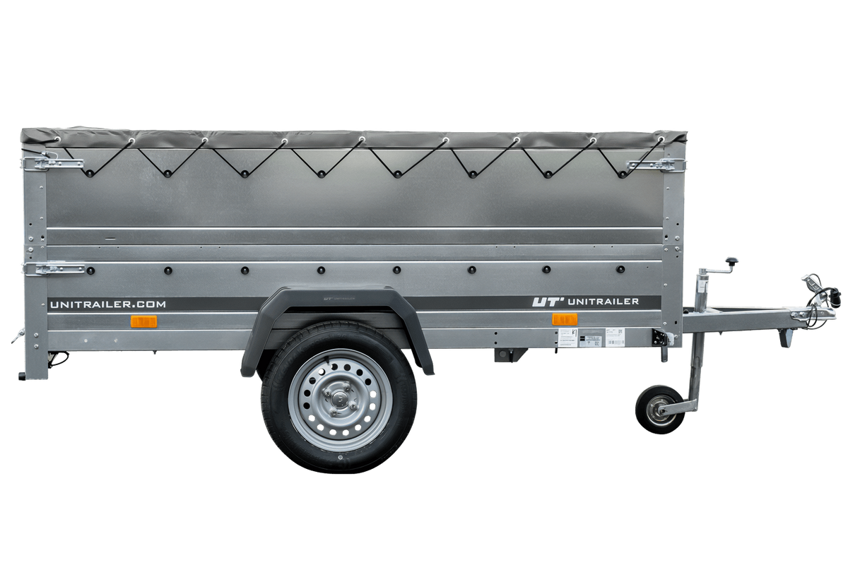 Grande remorque 230×125 avec bâche plate grise, rehausses de ridelles et roue jockey – Garden Trailer 230 KIPP