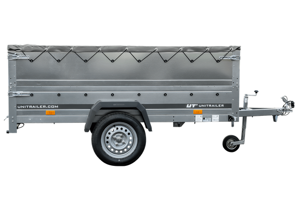 Grande remorque 230×125 avec bâche plate grise, rehausses de ridelles et roue jockey – Garden Trailer 230 KIPP